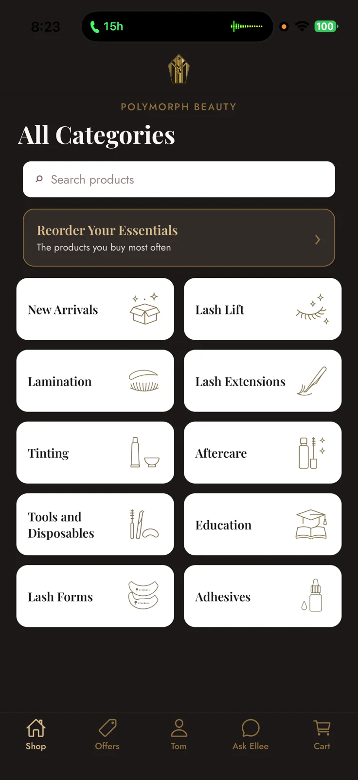 The Polymorph Beauty app showing product categories and a Reorder Your Essentials shortcut
