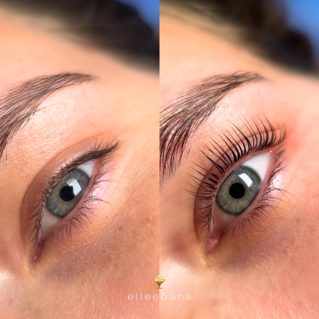 Before and after a One Shot Lash Lift, showing the lifted, defined result